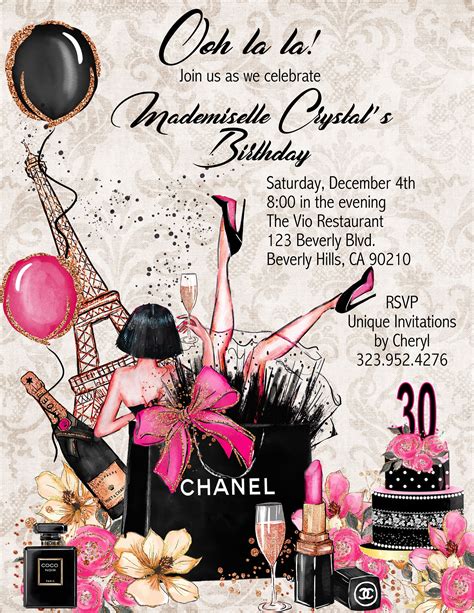 chanel birthday balloons|Chanel party invitations.